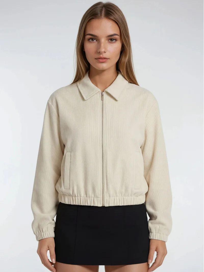 MixRay Stone Natural MIXRAY Relaxed Fit Zipper Jacket with Pockets for Women | Best Price UAE